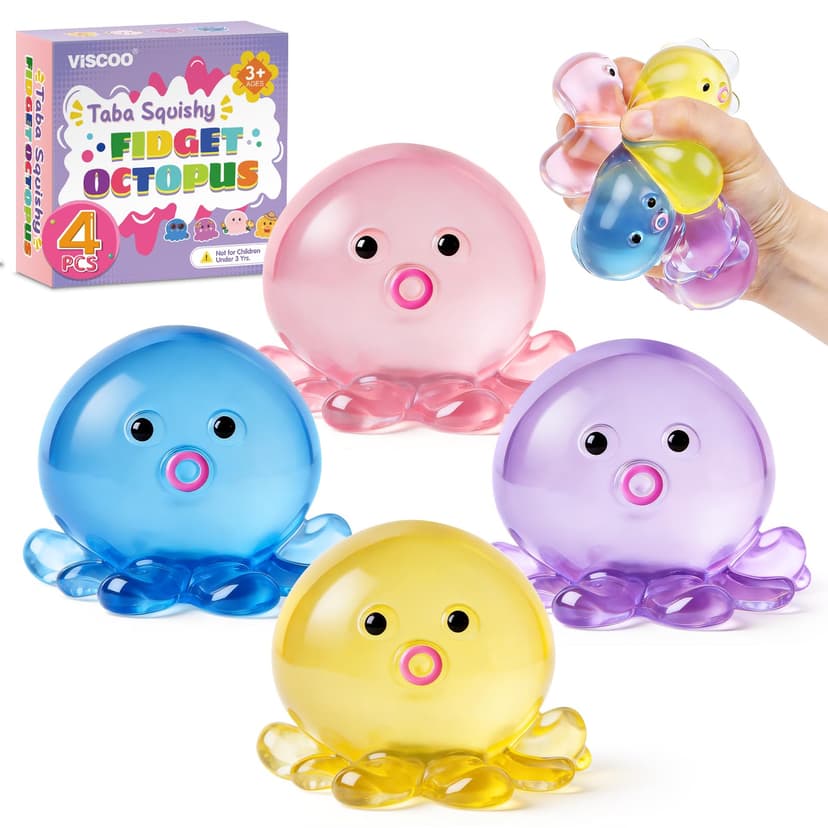 VISCOO 4 Pack Octopus Stress Balls for Adults Kids, Slow Rising Squishy | Stress Relief Fidget Toy, Cute Squeeze Ball for Party Favors/Squeeze Toys Taba Squishy for Classroom Prize Gifts