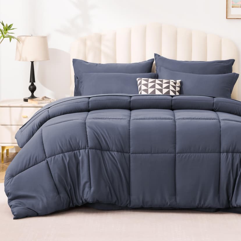 Love's cabin Full Comforter Set Indigo Blue, 7 Pieces Full Bed in a Bag, All Season Bedding Sets with 1 Comforter, 1 Flat Sheet, 1 Fitted Sheet, 2 Pillowcase and 2 Pillow Sham | Soft