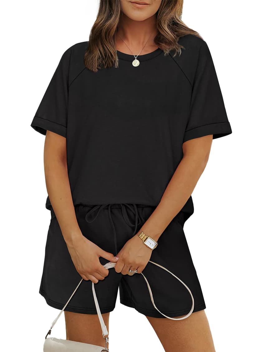 WIHOLL Two Piece Short Sets for Women Casual Summer Outfits Short Sleeve Crew Neck Lounge Matching Set