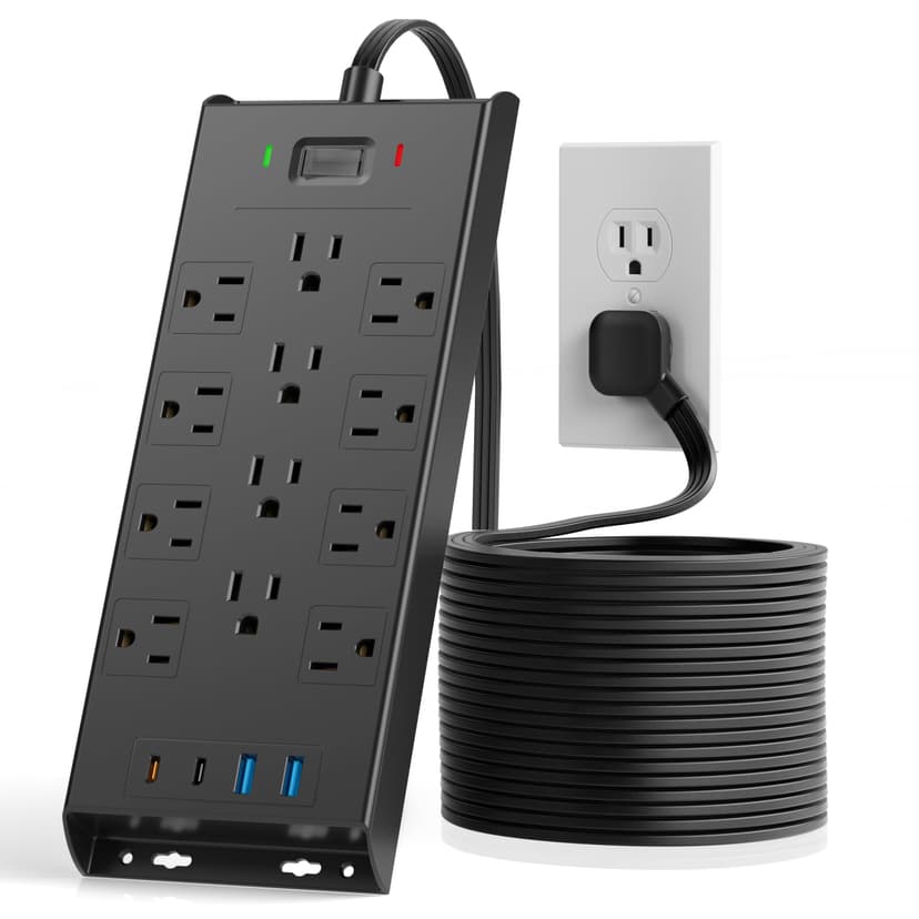 Surge Protector Power Strip 4800J, LeZone 10Ft Long Extension Cord Flat Plug, 12 Outlets 2 USB C 2 USB Ports, Wall Mountable, Desk Charging Station, Black