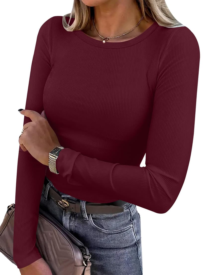 ANRABESS Women Long Sleeve Shirts Ribbed Fitted Tops | Slim Basic Tee,2026 Fall Outfits,Lightweight Knit T-Shirt,Soft Underscrub,Winter Layer Clothing,Casual Work & Everyday Wear