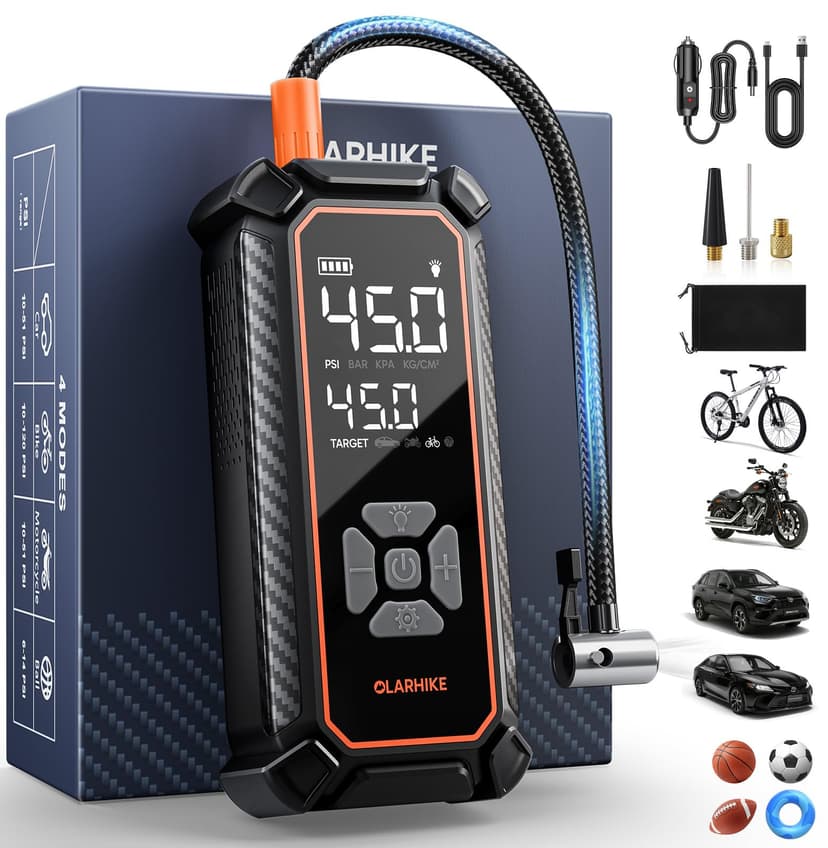 OlarHike Cordless Tire Inflator Portable Air Compressor,150 PSI Bike Pump with LED Light & Digital Pressure Gauge, Dual Power Air Pump for Car Tires, Motorcycle, Bicycle, Ball