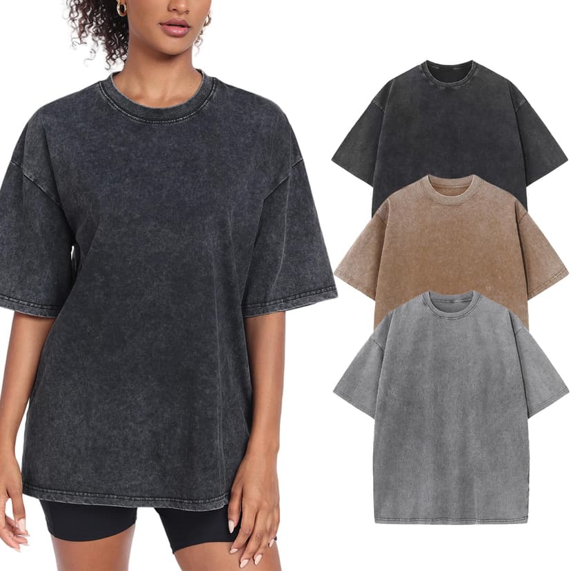 SnowElve Womens Washed Vintage Oversized T-Shirt Baggy Workout Tops Short Sleeve Cotton Tshirts Streetwear Boyfriend Tee