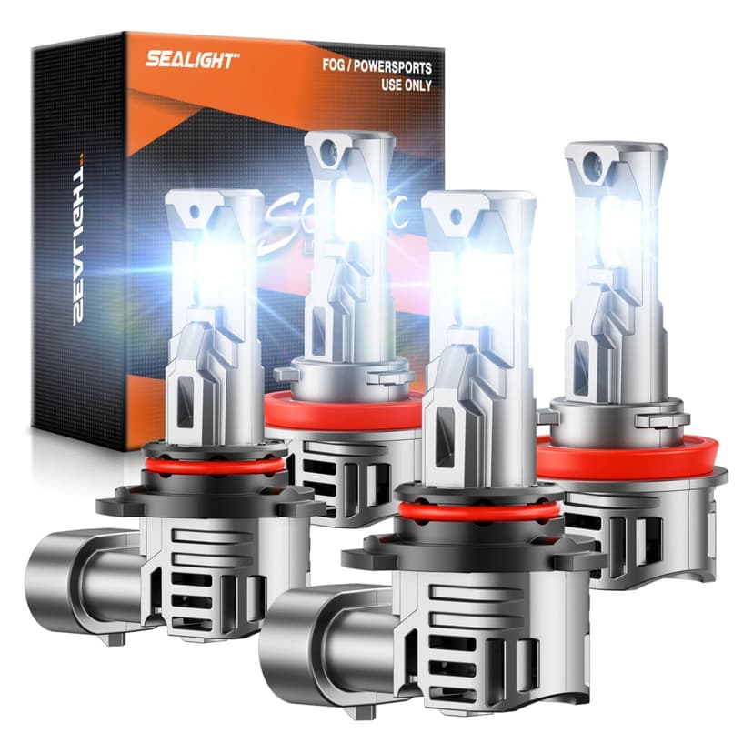 SEALIGHT 9005/HB3 H11 Fog Light Bulbs, 80000LM 6500K Cool White, 1:1 Mini Size, 9005 H11 Bulb with 13000RPM Cooling Fan, 3 Mins Plug-N-Play, IP67 Waterproof Non-polarity, Pack of 4