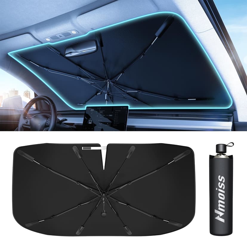 [Upgraded] Nmoiss Windshield Sun Shade Umbrella - [Vinyl Coating Heat Shield] Protect Car from Sun Rays & Heat Damage Keep Cool and Protect Interior, Spring Structure Edge Medium 56" L x 31" W