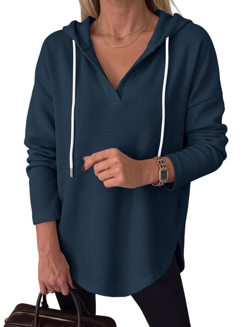 ANRABESS Women's Waffle Knit Long Sleeve V Neck Hoodie | Drawstring Loose Fit Tops, Curved Hem Lightweight Cozy Oversized Sweatshirt for Office Daily Leggings Outfits, Fall & Winter