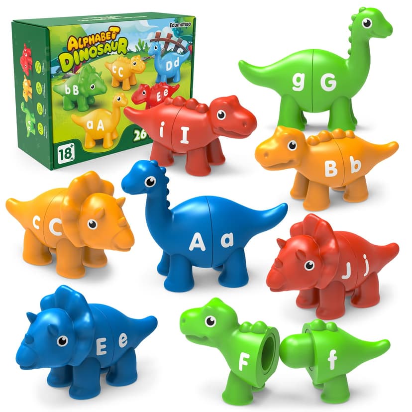 Edumoteso 26PCS Dinosaur Alphabet Learning Toys for Kids Ages 3-5, Double-Sided ABC Matching Game with Uppercase Lowercase, Montessori Educational Fine Motor Toys, Preschool Sensory Sorting Toy Gift