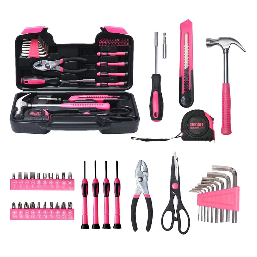 ABCY 39 Piece Basic Tool kit for Women, All Purpose Pink Tool ser Household Hand Tools with Toolbox for Home Repairs, College Dorm Essentials, DIY Crafts & Gifts