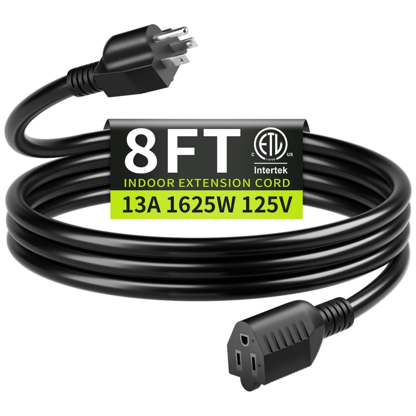 Seeklyze 16/3 Black Extension Cord 8 FT Indoor, Short Extension Cord | Short Extension Cord 8FT for Laptops, Coffee Makers, 3 Prong Small Resistant Cable Flexible, 13A 125V 1625W ETL Listed