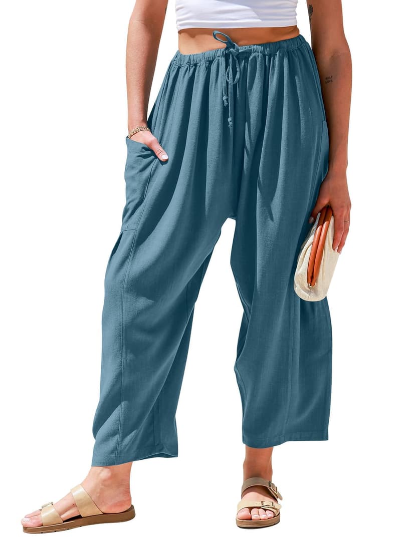 TARSE Womens Linen Wide Leg Pants Casual Palazzo Harem Pants with Pockets | Loose Fit Drawstring Baggy Pants, Casual Summer Pants, Lounge Barrel, Summer Beach Travel Vacation Trousers