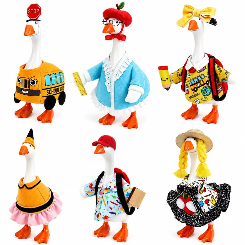 QAUYETM 7 Inch Desk Goose Statue with 6 Back to School Outfits Set Cute Mini Goose Decor School Classroom Office Home Table Decoration First Day of School Gifts for Teachers Students