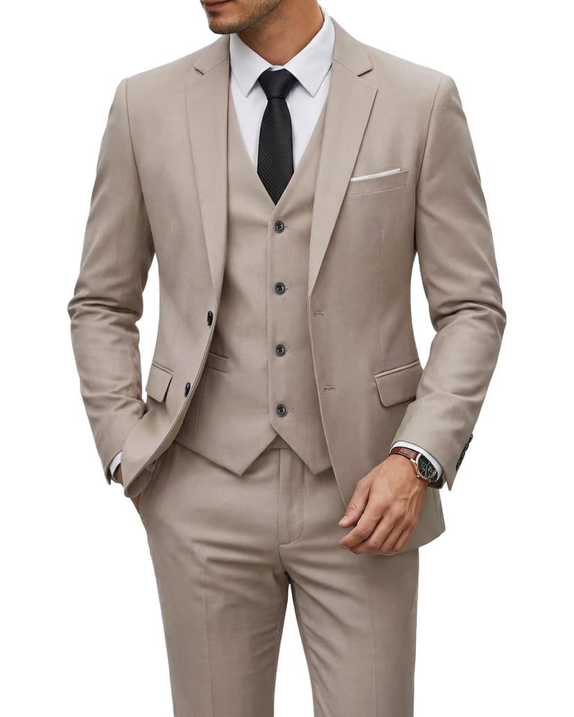 YND Men's 3 Piece Suit Set with Tie, 2 Button Slim Fit Solid Blazer Jacket Vest Pants, Business Wedding Party Suits for Men