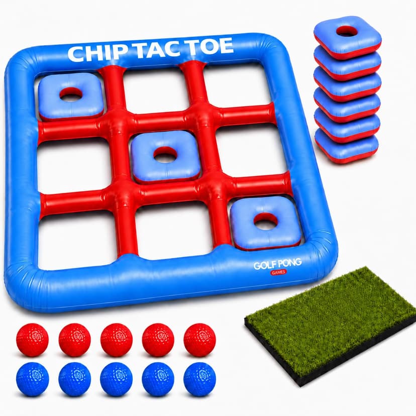 Golf Pong Chip Tac Toe: Golf Tic Tac Toe Game for Yard and Pool, No Club | 4FT inflatable jumbo golf chipping game for backyard, turf and pool; soft foam balls, claim squares, turf mat and fast setup.