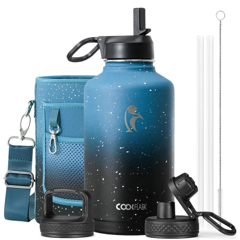 Coolflask 64 oz Water Bottle Insulated with Straw&3 Lids, Half Gallon Water Jug Galaxy Large Metal Stainless Steel Vacuum Flask for Gym, Sports and Travel, Keep Cold 48H Hot 24H,Turquoise