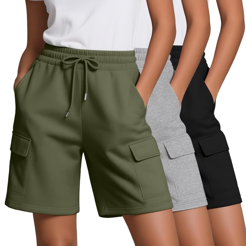 Neer 3 Pack Women's Bermuda Shorts Cargo Knee Length Drawstring Long Shorts Casual Yoga Soccer SweatShorts with 4 Pockets