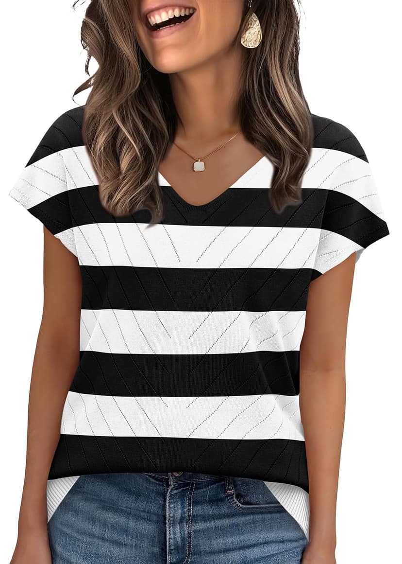 WIHOLL Short Sleeve Sweater for Women V Neck Trendy Summer Tops 2026 Beach Vacation Clothes Travel Business Casual Outfits