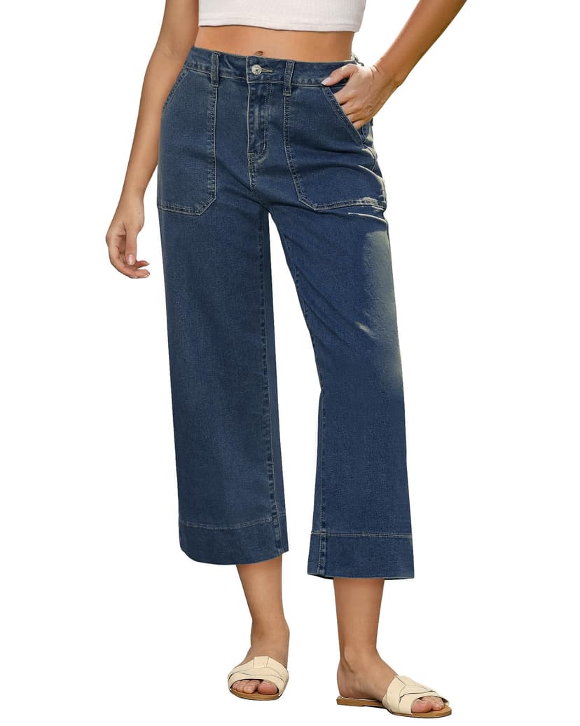 GRAPENT Capri Jeans for Women High Waisted Wide Leg Trendy Strechy Loose Straight Cropped Denim Jeans Pants with Pockets