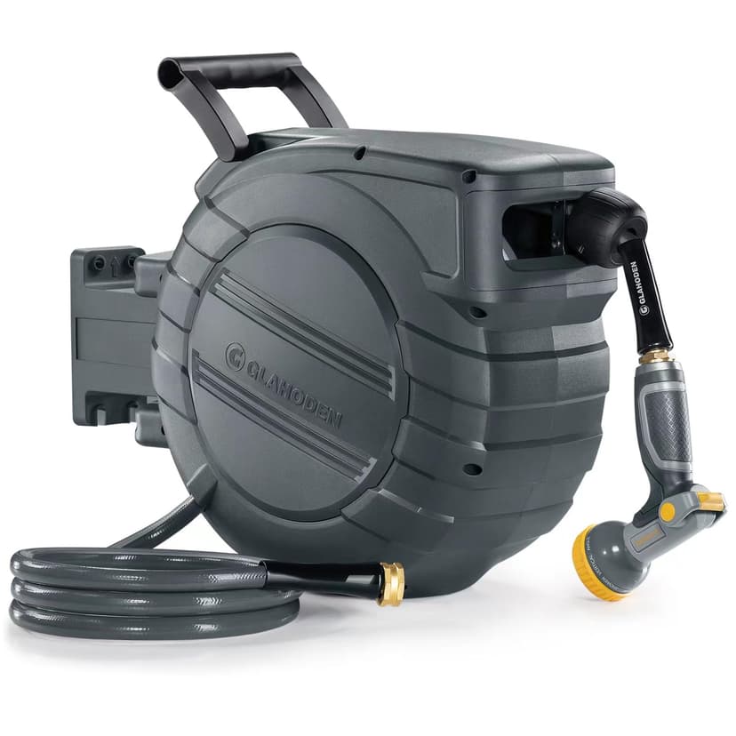 GLAHODEN Retractable Garden Hose Reel 1/2 in x 100 ft, 2025 Upgraded Dual Ratchet Lock UV & Freeze Protection Brass Seal Slow Retraction Anti-Tangle Hose 180°Swivel Reinforced Scaffold Wall Mount