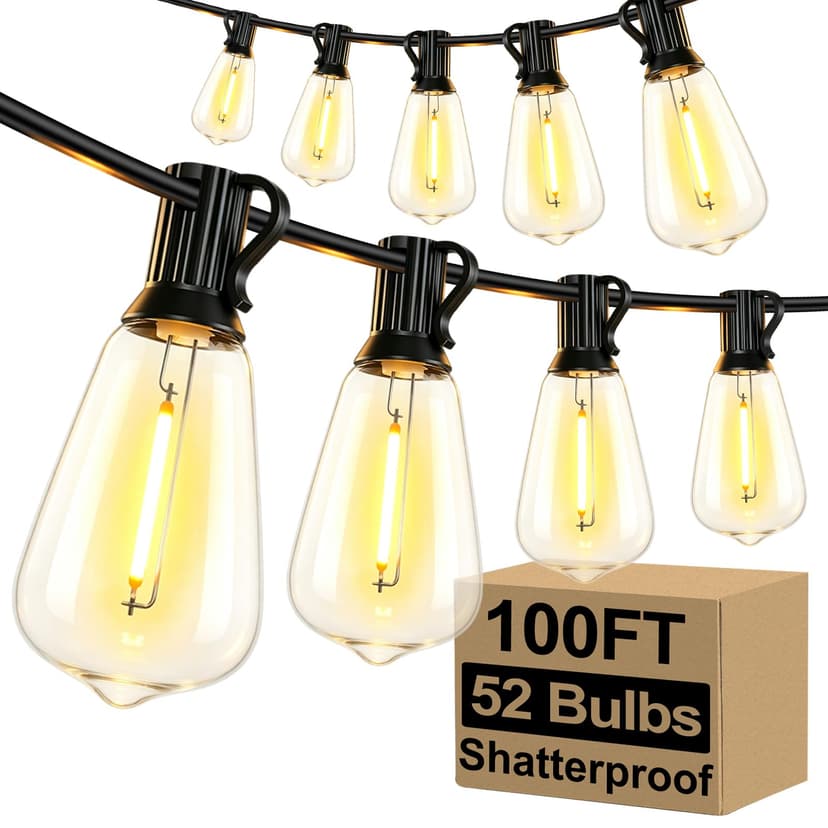 Brightever LED Outdoor String Lights 100FT Patio Lights with 52 Shatterproof ST38 Vintage Edison Bulbs, Outside Hanging Light Waterproof for Porch, Deck, Garden, Backyard, Balcony, 2700K Dimmable