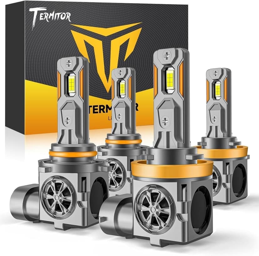 Termitor H11/H9 & 9005/HB3 Light Bulbs Combo, 100,000LM Brightness, 1:1 Mini Size 6500K Cool White IP68 Waterproof Automotive Replacement Combo 9005 H11 Fog Lights, Quick Installation, Pack of 4