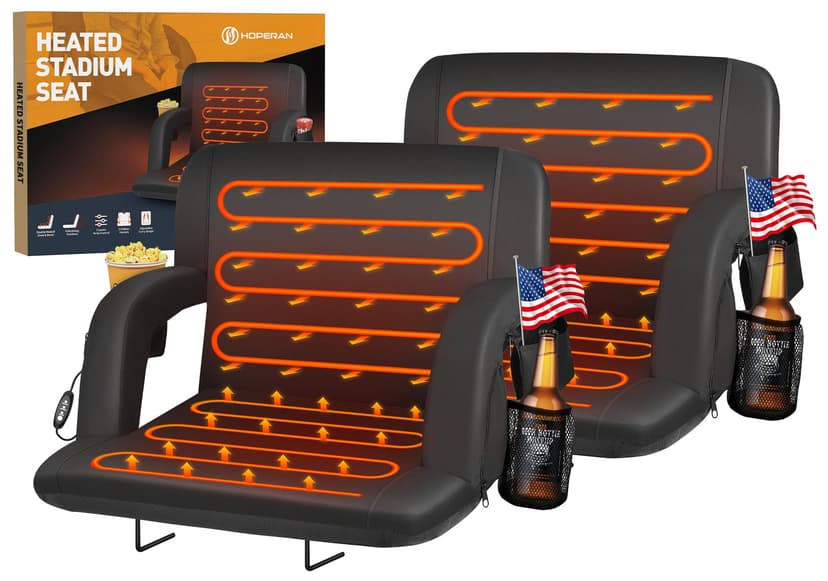 HOPERAN 21" Heated Stadium Seats for Bleachers with Back Support, Black 2PC | Seat & Back Heat Wired Control, 3 Heat Levels (NO Battery), Soft Cushion, 6 Recline, Anti-Slip, Side Pockets, Backpack Str
