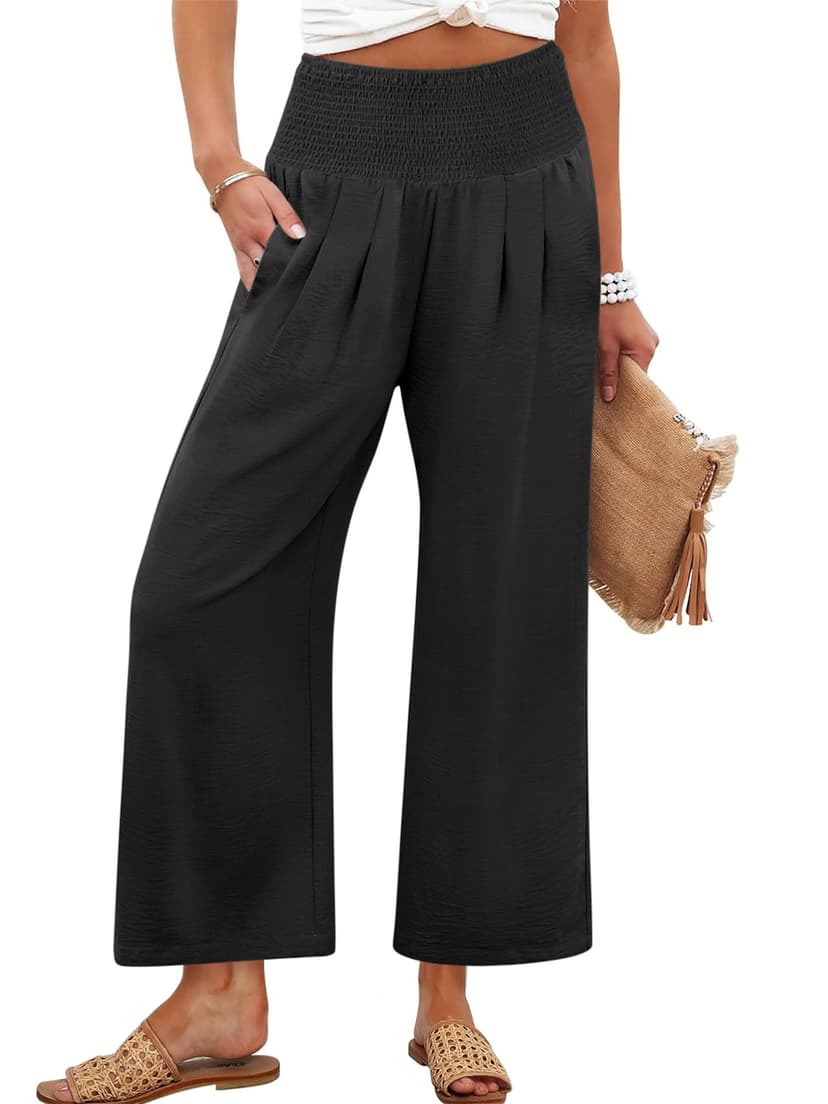 ANRABESS Womens Pants Wide Leg High Waisted Palazzo Pants Summer Flowy Beach Lounge Casual Trousers with Pockets