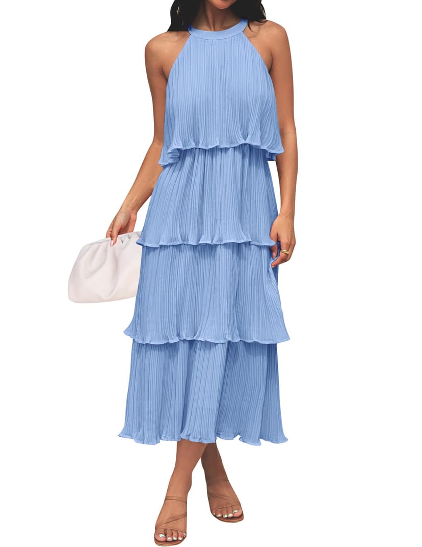 ZESICA Women's 2026 Summer Sleeveless Halter Neck Ruffle Tiered Layed Chiffon Flowy Swing Long Midi Dress