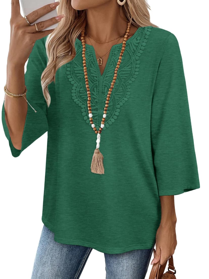 WIHOLL 3/4 Length Sleeve Womens Tops Boho V Neck Lace Shirt Trendy Blouses Dressy Casual Vacation Clothes S-3XL