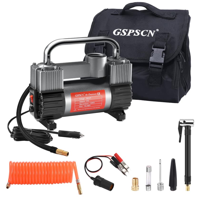 GSPSCN 12V Heavy Duty Tire Inflator Metal Portable Air Compressor Pump | 6X Faster Inflation Double Cylinders 150PSI Air Pump with Adapter for Car, RV,Pickup Truck, SUV, Van,Camper, Air Bed,Ball