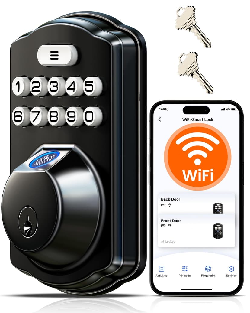 Veise VE012W Built-in WiFi Fingerprint Smart Lock, App Remote Control, Compatible with Alexa & Google Assistant, Keyless Entry for Front Door, Digital Keypad Deadbolt, Auto Lock, Matte Black