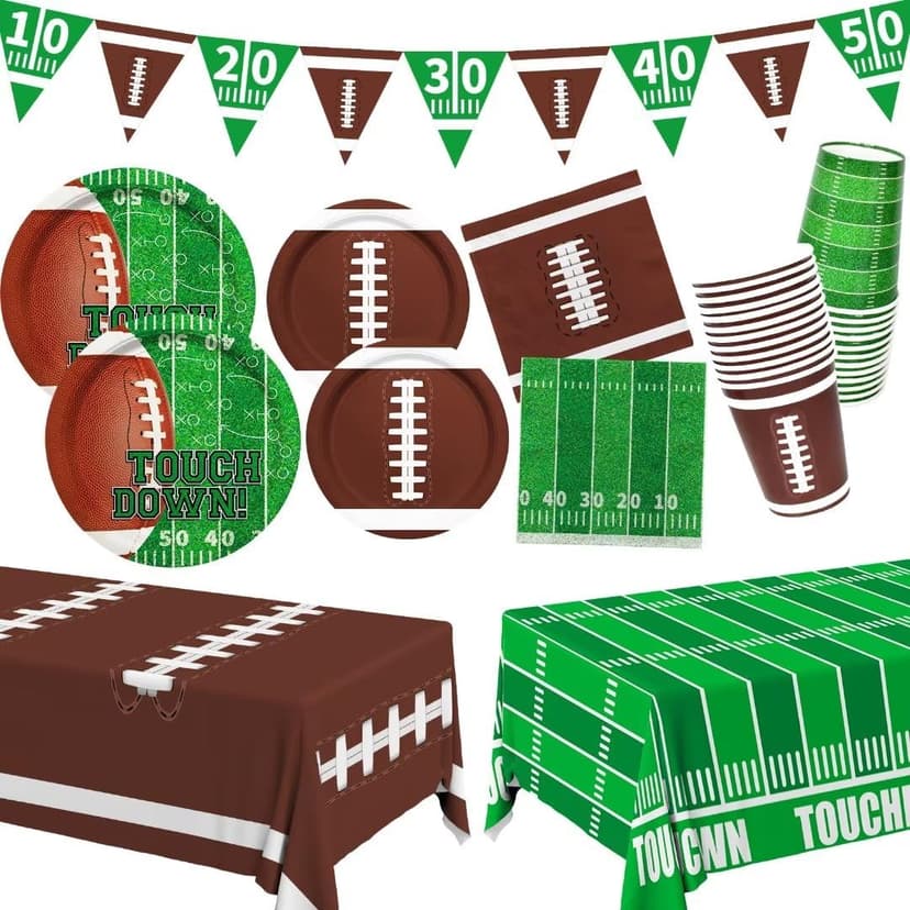 Gatherfun Football Party decorations Kit Serve 24,Includes Dinner Plates, Dessert Plates, Napkins, Cups,Banner and Touchdown Tablecloth for Football Birthday Decorations Game Day football Decorations