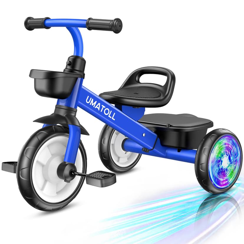 Umatoll Tricycle for Toddlers 2-5 Year Old, Ajustable Toddler Bike Outdoor Toys, Birthday Gift for Boy Girl Age 2-4, Trike with Light up Wheels (Blue)