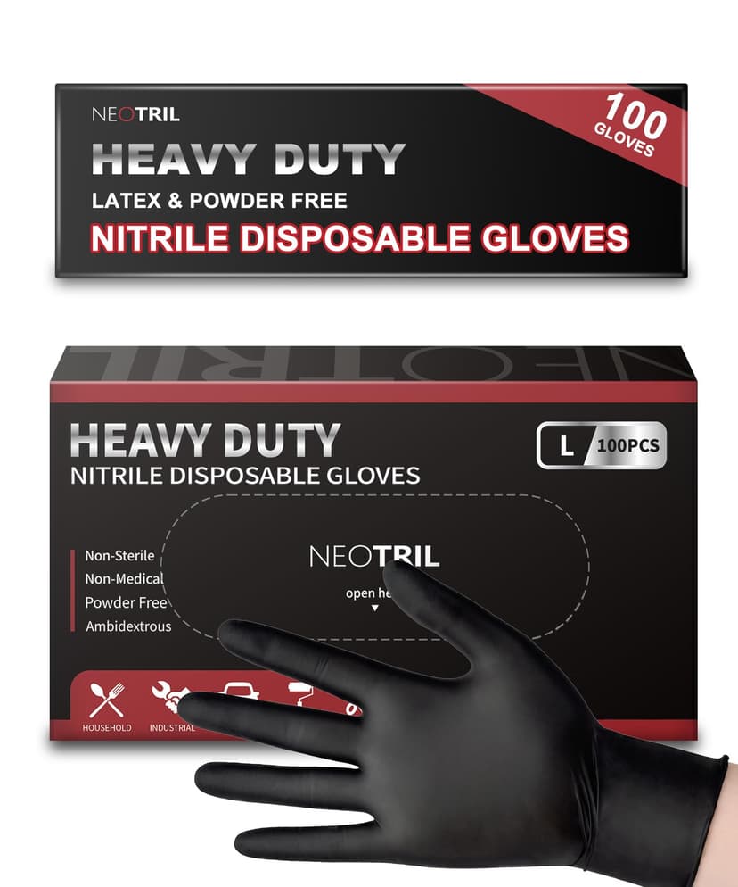 NEOTRIL 6 Mil Heavy Duty Black Nitrile Disposable Gloves, Latex Powder-Free, Textured Rubber Gloves for Cooking Mechanic