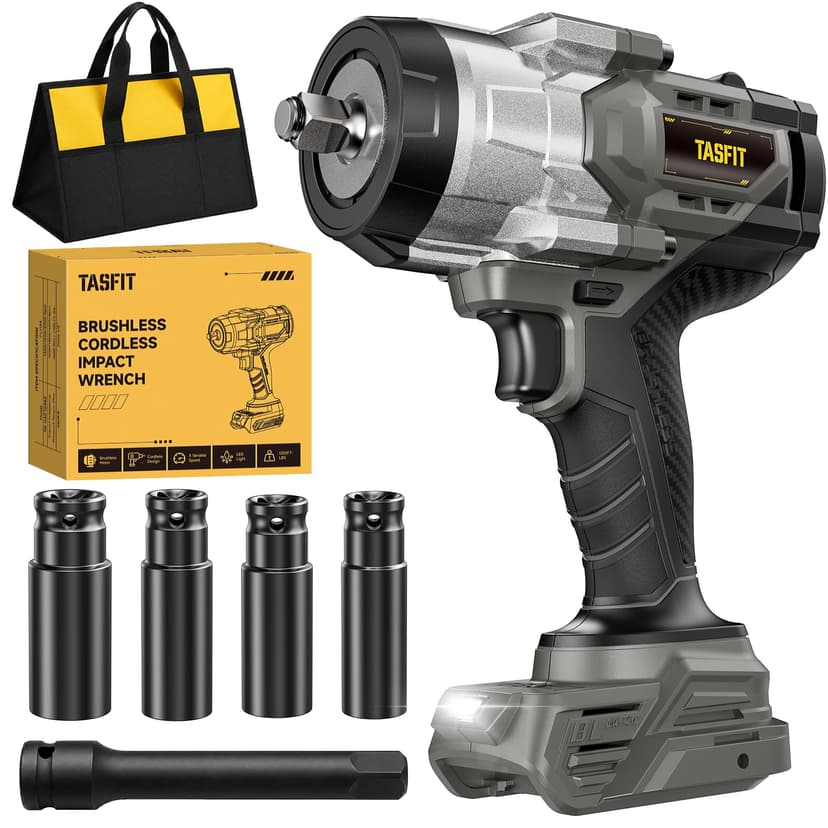 TASFIT 1/2" Impact Wrench, Compatible with DeWalt 20V Battery, 1500N.m(1106Ft-Lbs) High Torque Brushless Impact Gun with 3-Speed, 4 Sockets for Car/Truck (Bare Tool & NO Battery)