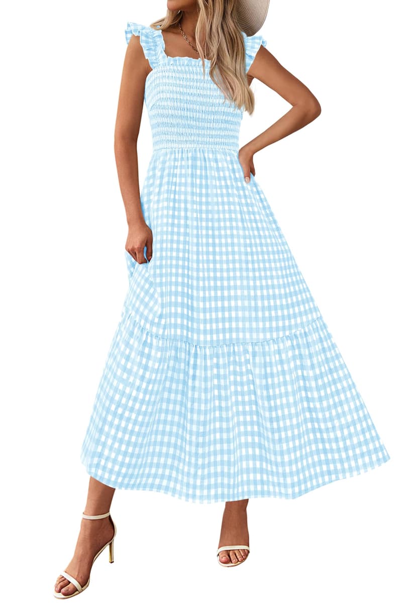PRETTYGARDEN Womens Summer Dress Casual Square Neck Ruffle Strap Gingham Smocked Midi Flowy A Line Beach Vacation Sun Dresses