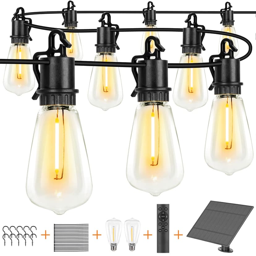 100FT Solar String Lights ourdoor Waterproof,Patio Lights Solar Powered with Remote,ST38 32 Vintage Edison Bulbs,Solar lights Outdoor Waterproof, Outside powered Hanging Lights for patio furniture set