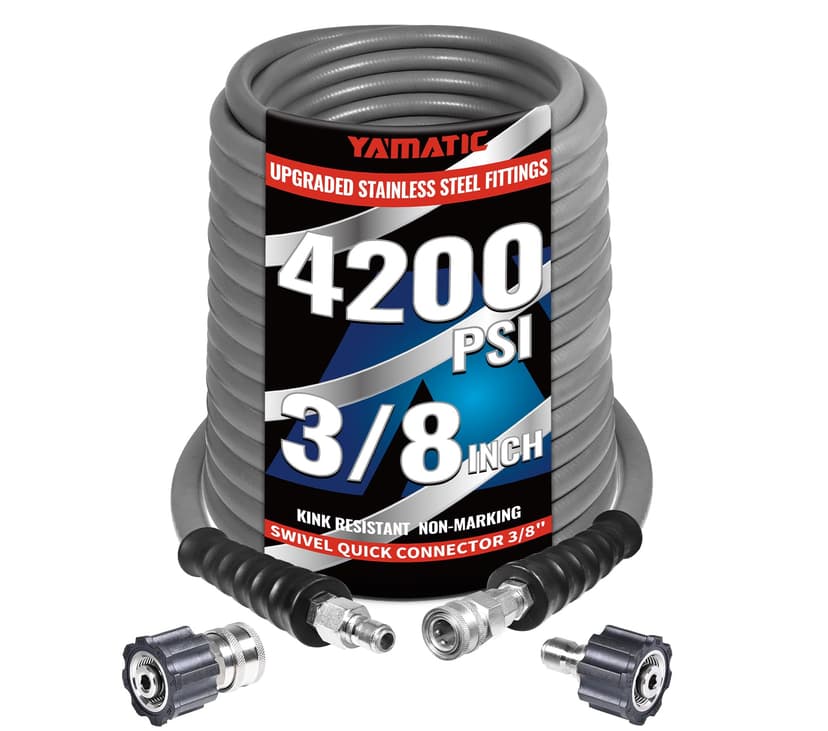 YAMATIC 3/8" Non-Marking Pressure Washer Hose 125 FT, Swivel Quick Connect | Steel Wire Braided Max 250°F Hot Water Use, Wear And Kink Resistant, 3/8" To M22-14mm Adapters Included