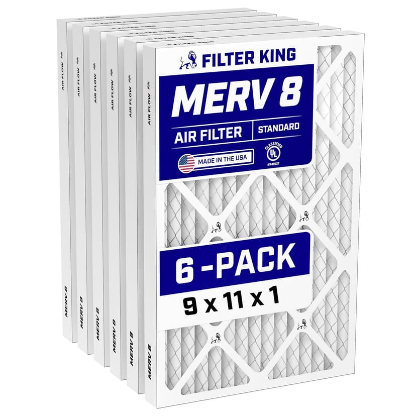 Filter King 9x11x1 Air Filter (MERV 8) (6-Pack) Dust & Allergy Control AC Furnace Filters, MADE IN USA, HVAC, Pleated, Electrostatic (Actual Size: 9 x 11 x .75)