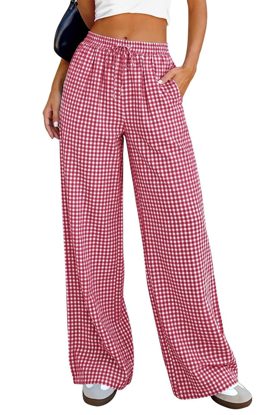 PRETTYGARDEN Womens Pants Elastic Waist Striped Lightweight Palazzo Pant | Casual Lounge Wide Leg Pants Woman with Pockets, Floral Print, Gingham Textured Cute Pants, Drawstring, Flowy Summer Outfits