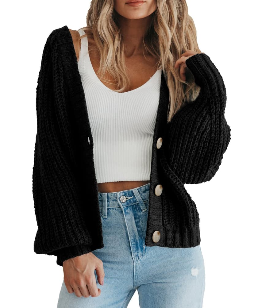 PRETTYGARDEN Women's Chunky Knit Open Front Cardigan Sweaters Fall Outfits | V Neck Button Loose Short Cardigan Outerwear Coats, Slouchy Drop Shoulder Loose Cute Sweaters, Fall Clothes for Work & Offi