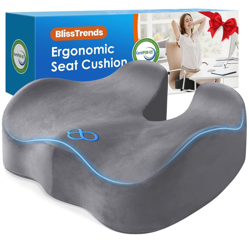 BlissTrends Memory Foam Seat Cushion for Office Chair & Car Seat, LightGrey | Ergonomic Tailbone & Sciatica Support with Removable Velvet Cover for Pressure Relief and Long Sitting Comfort, 3.3" Thick