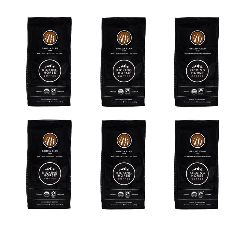 Kicking Horse Coffee, Grizzly Claw, Dark Roast, Whole Bean, 10 oz - Certified Organic, Fairtrade, Kosher Coffee (Pack of 6) (Packaging may vary),10 Ounce (Pack of 6)