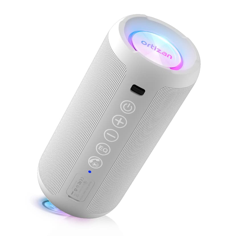 Ortizan Portable Bluetooth Speaker: IPX7 Waterproof, 24W Loud Sound, Deep Bass, Bluetooth 5.3, LED Lights, Wireless Stereo Pairing, 30H Playtime, for Home/Outdoor/Party/Beach, Birthday Gift (White)