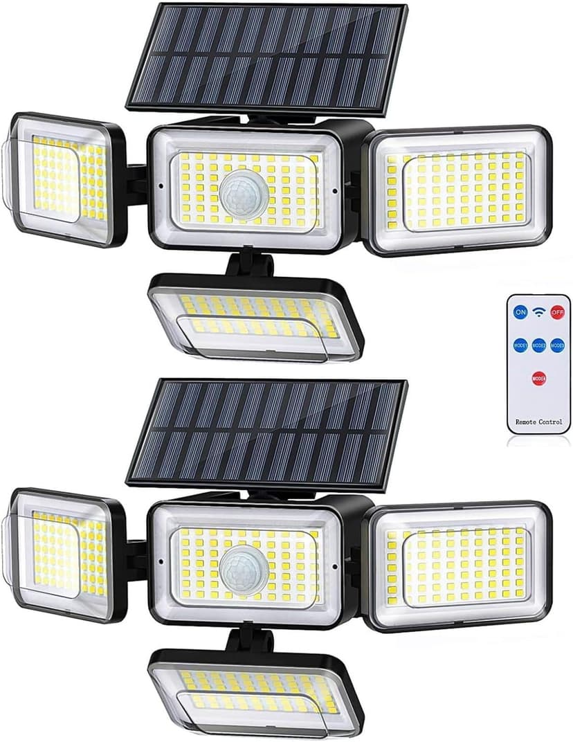 YSEAGA Solar Lights Outdoor Waterproof, 288 LED 2800LM Motion Sensor Outdoor Lights with Remote Control, 4 Head Solar Flood Lights Outdoor for Patio, Garage, Yard, Wall, IP65 Security Lights 2 Pack