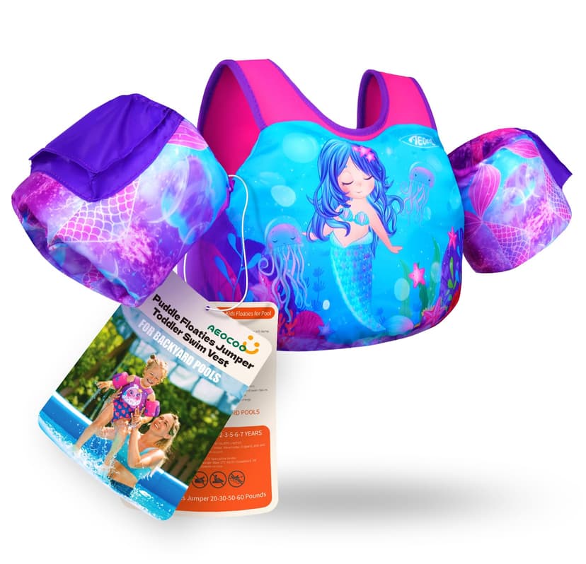 AEOCOO Puddle Float Jumper 20-30-50-60-70 Pounds, Toddler Swim Vest for 1-3-5-6-9 Years Old, Pool Floats with Swimming Arm Floaties Swim Jacket & Water Wings for Kids Swimmies, Boys, Girls, Niños