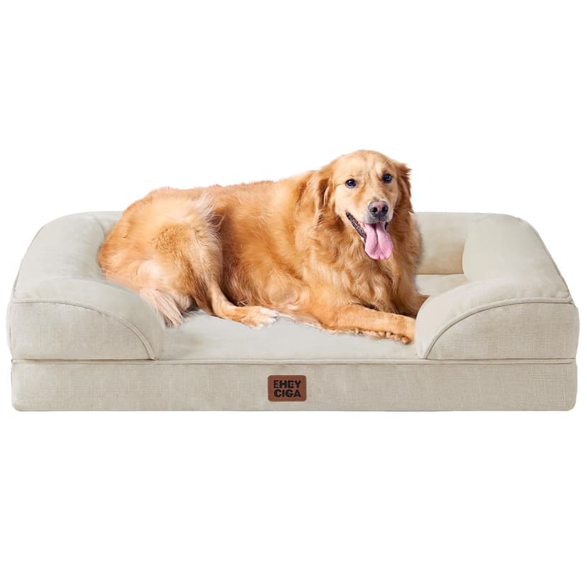 EHEYCIGA Orthopedic Extra Large Dog Bed, Waterproof Washable XL Pet Bed 44" | Non-Slip Bottom and Egg-Crate Memory Foam Big Dog Couch Bed with Washable Removable Cover, Beige, 44Inch