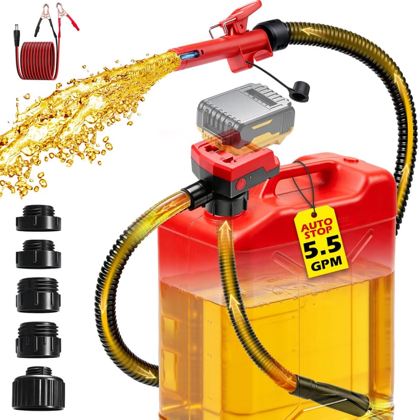 5.5 GPM Cordless Fuel Transfer Pump with Auto Shut-Off & Beep Alert, 57"Hose & 5Adapters, Compatible with DeWalt 20V & Milwaukee 18V Batteries, Portable Gas Can Pump for Gasoline andDiesel (Bare Tool)