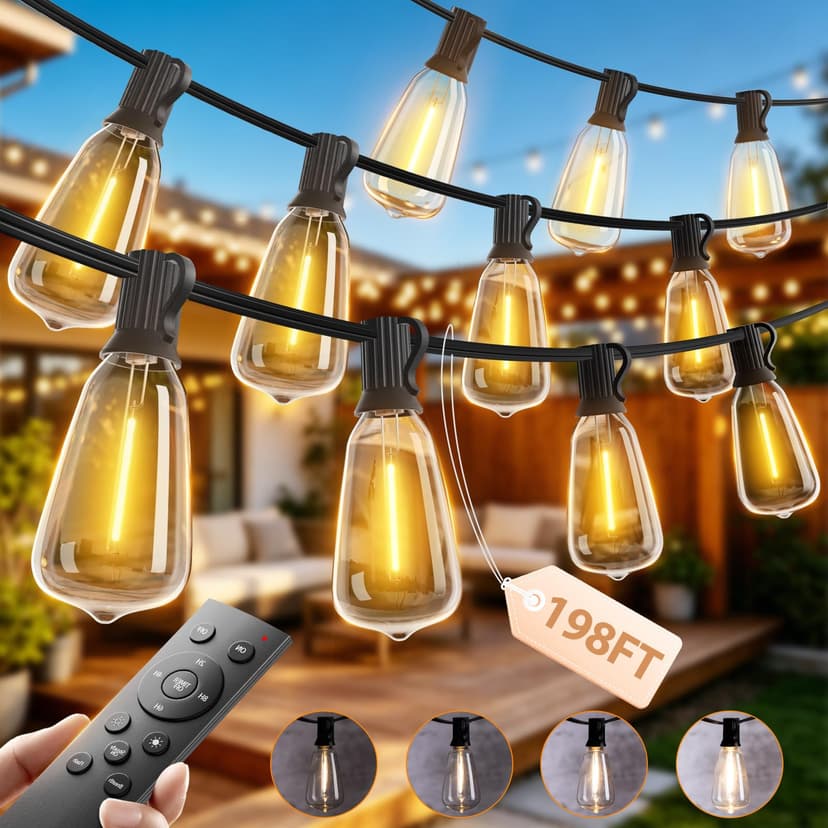 addlon 198FT Outdoor String Lights for Outside with Remote Waterproof Patio Lights with Plastic ST38 LED Edison Bulbs Outdoor Lighting Extra Long for Backyard Bistro Porch Garden Pergola Party Decor