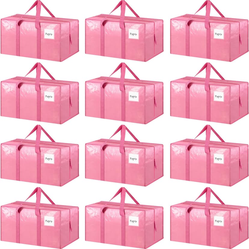 12 Pack Extra Heavy Duty Large Moving Bags with Strong Zipper & Comfortable Handles, Sturdy & Durable Clothes Storage Bags Totes Bins, Packing Moving Boxes for College Supplies, Pink