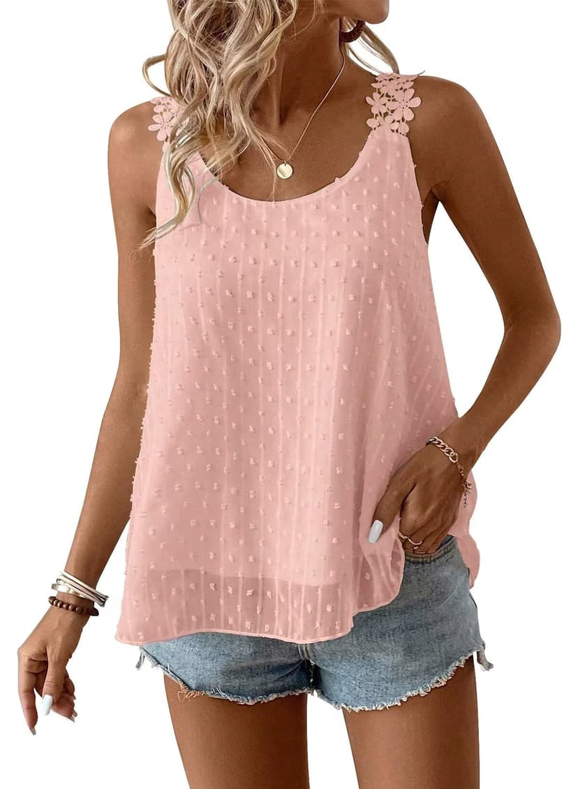 Womens Tank Tops Flowy Sleeveless Summer Boho Tank Top for Women Casual Crewneck Strap Lace Camisole Shirts